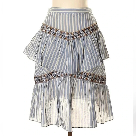 BCBGMAXAZRIA | Bohemian Blue Linen Tiered Ruffle Stripe Button Skirt Size XXS - Picture 2 of 8